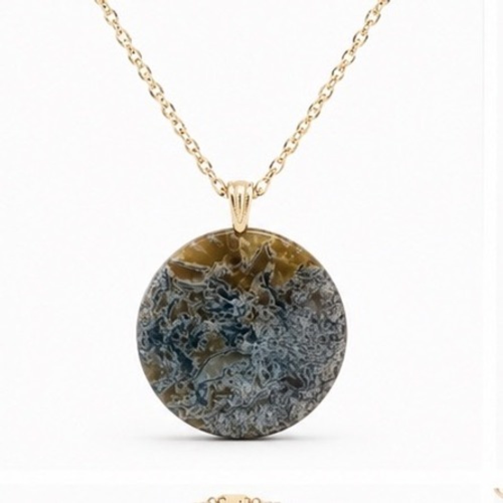 Faux Moss Agate Round Disc Pendant Necklace Gold Tone Chain Boho Jewelryx